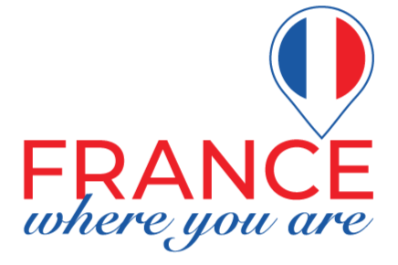 France Where You Are a podcast for those who love France shows the French tricolore flag of blue, white and red in a lcoation marker with the words France Where You Are.